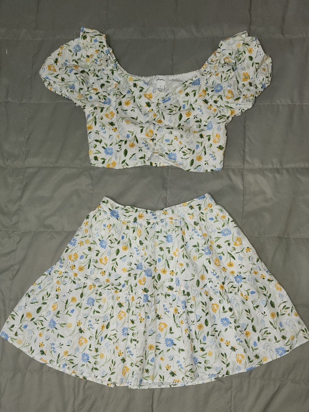 Japna White Floral Two-Piece Set with Blue, Yellow and Green Accents